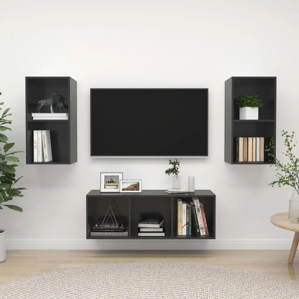 3 pcs conjunto móveis de TV derivados madeira cinza brilhante