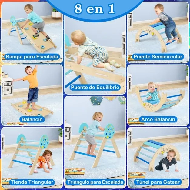 Conjunto Triângulo para escalada Bebés 8 em 1 Montessori de escalada em madeira com tema de astronauta Azul