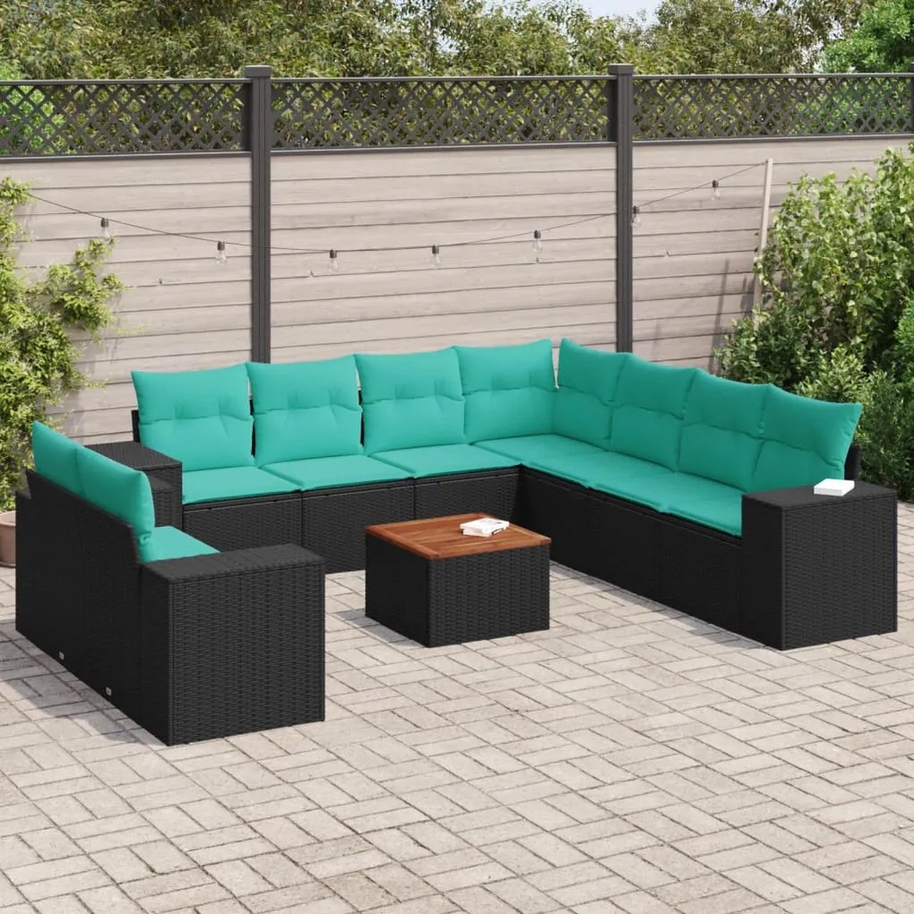 vidaXL 10 pcs conjunto de sofás p/ jardim c/ almofadões vime PE preto