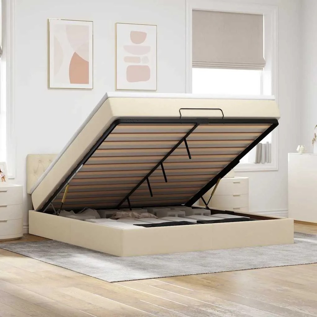 Estrutura de cama otomana com colchão tecido creme 160x200cm