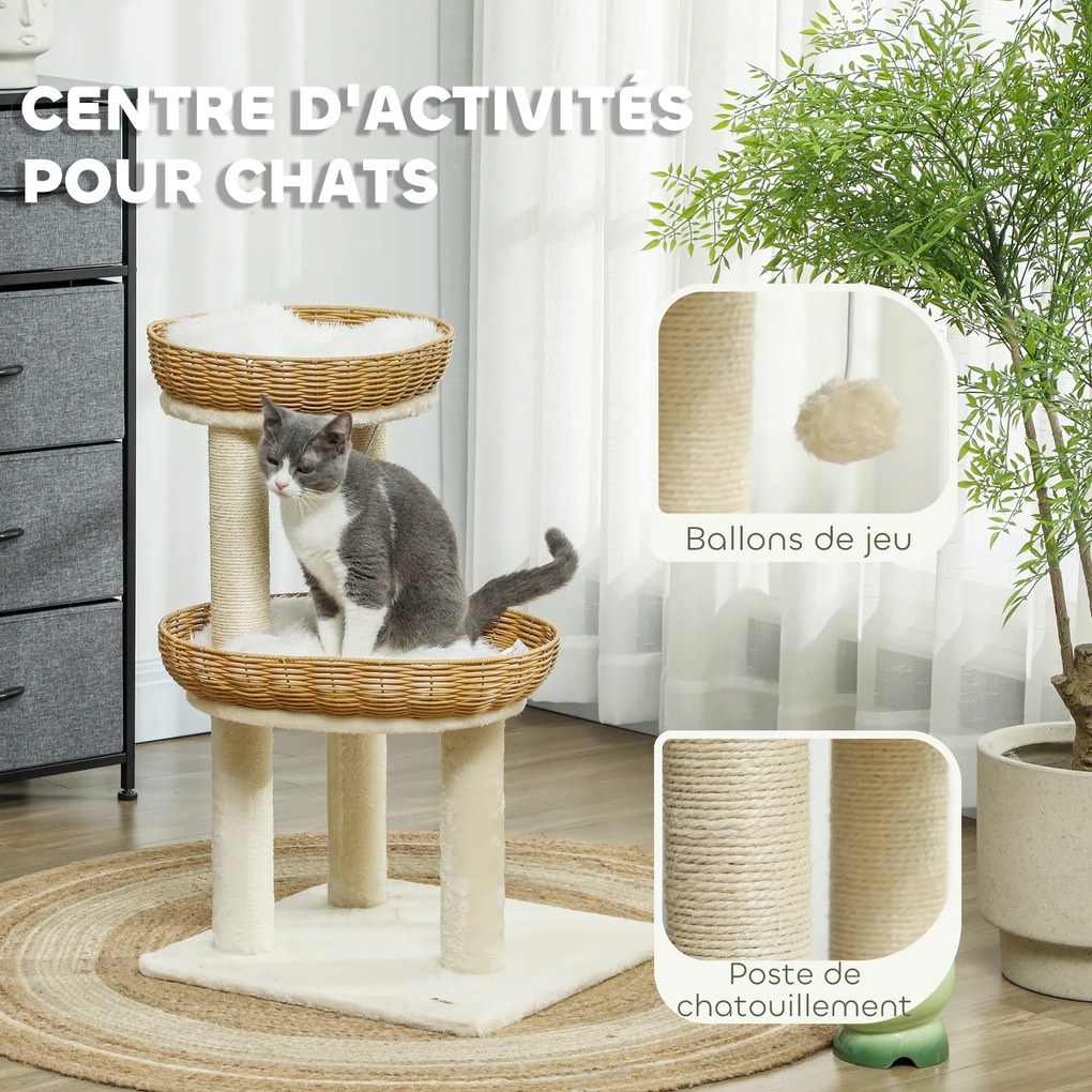 Arranhador para gatos com 75,5 cm de altura, com duas camas para gatos em rattan, arranhadores e almofadas laváveis em bege