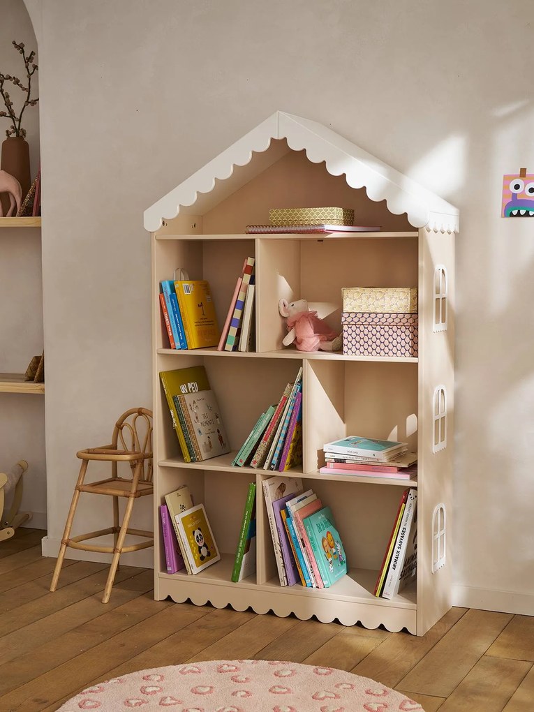 Biblioteca casa de madeira com festão para criança rosa