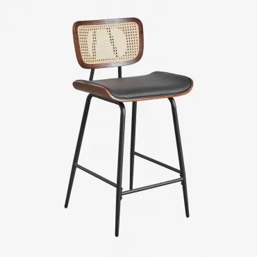 Banco Alto Em Madeira, Rattan E Couro Sintético Raysa Madeira Escura & ↑65 Cm & Couro Sintético Preto - Sklum