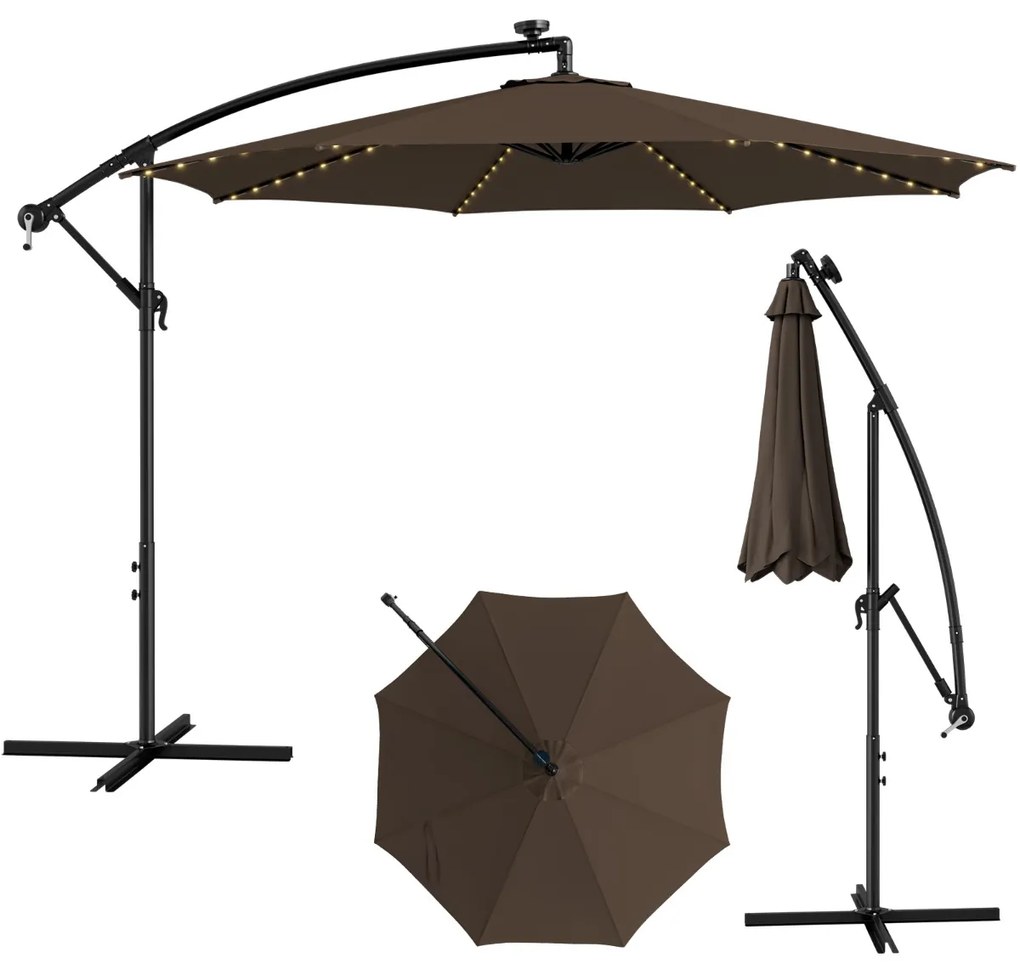 Guarda-sol 3 m com manivela solar Luzes LED 112 Guarda-sol basculante com base cruzada para jardim praia piscina Azul Castanho