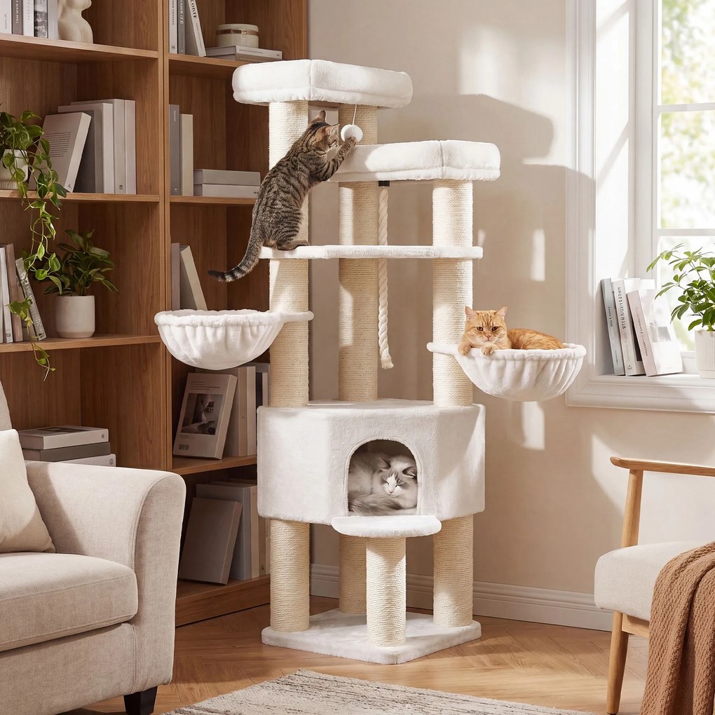 Arranhador para gatos 55 x 55 x 186,7 cm, árvore para gatos de vários andares, troncos grossos de sisal Branco creme