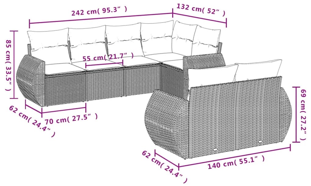 7 pcs conjunto de sofás p/ jardim com almofadões vime PE bege
