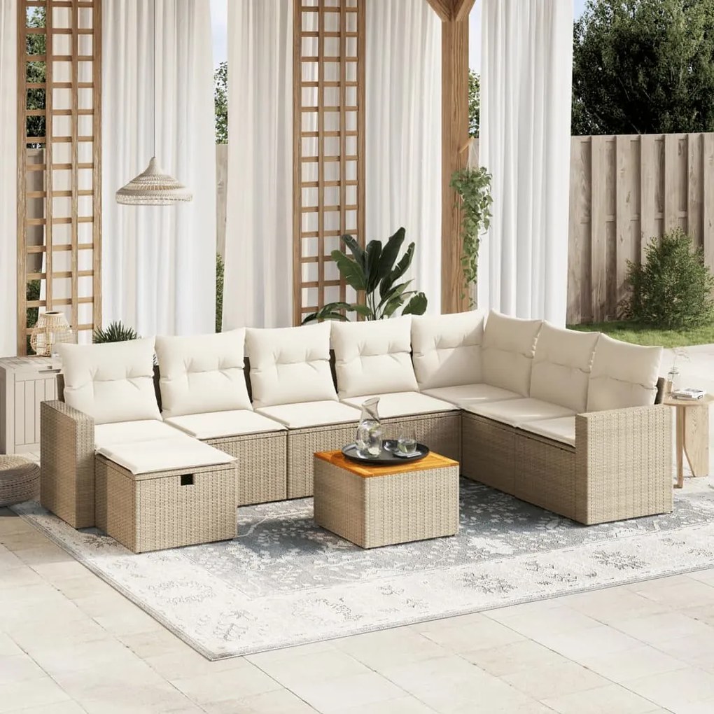 9 pcs conjunto de sofás p/ jardim com almofadões vime PE bege