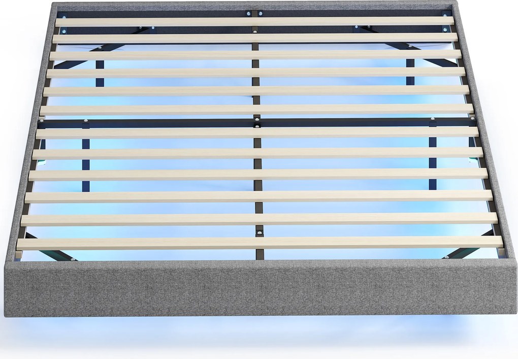 HOMCOM Cama 160x200 cm com Luzes LED Estofada em Linho Ripas de Madeira Silenciosa Fácil de Montar Cinzento | Aosom Portugal