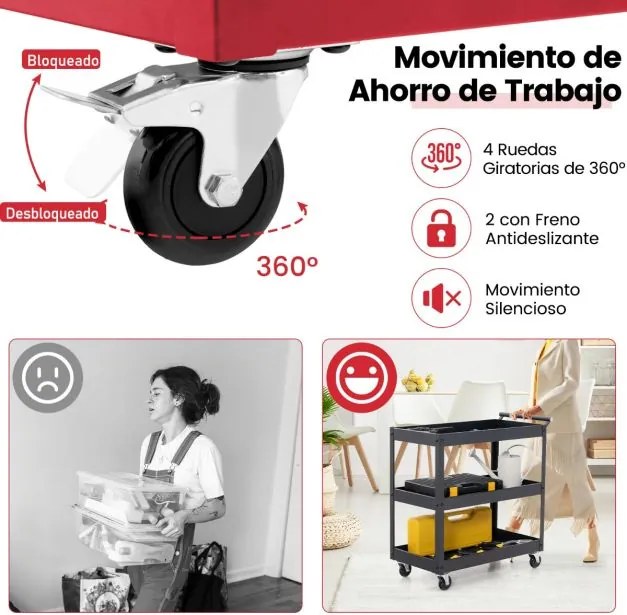 Carrinho 77,5 x 38 x 79 cm de 3 níveis de alta capacidade de metal com 3 prateleiras e pega ergonómica com Rodas para cozinha. escritorio Garagem Verm