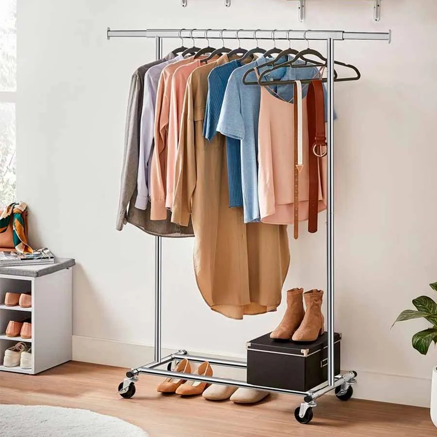 Guarda roupa aberto de estilo industrial extensivel com Rodas (92-132) x 45,4 x 160 cm Prata