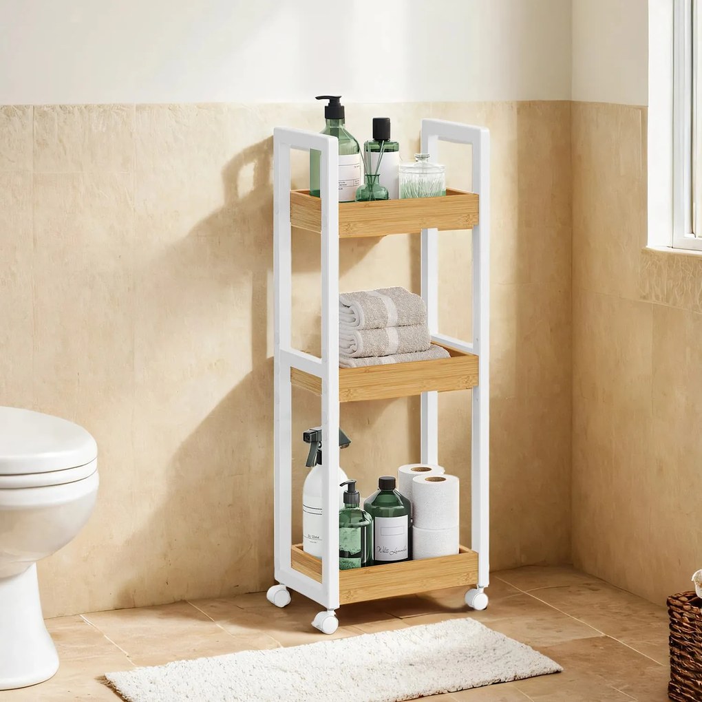 Carrinho casa de banho em bambu 20 x 30 x 80 cm branco-natural