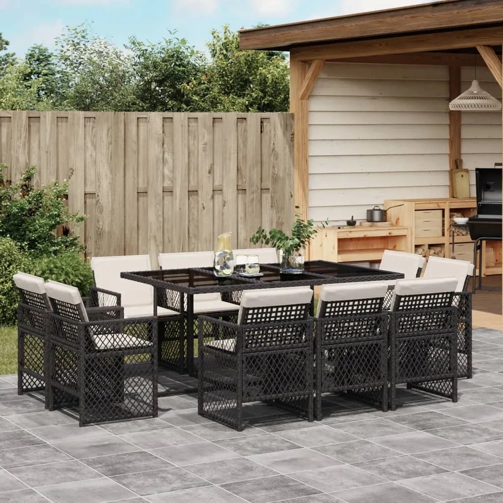 vidaXL 11 pcs conjunto de jantar p/ jardim c/ almofadões vime PE preto