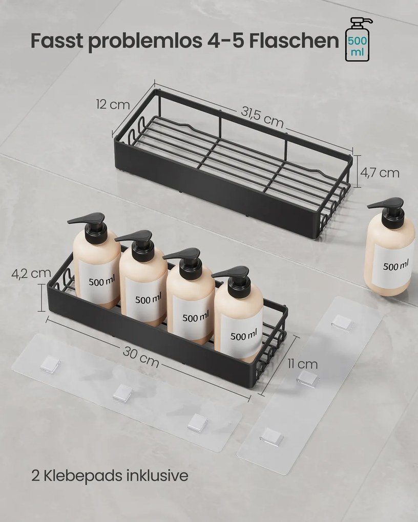 Conjunto 2 Prateleira para o chuveiro, prateleira de casa de banho sem necessidade de perfuração, aço inoxidável Preto