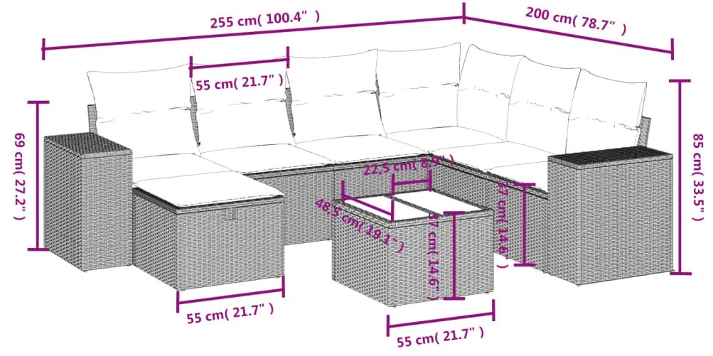 8 pcs conjunto sofás de jardim com almofadões vime PE preto
