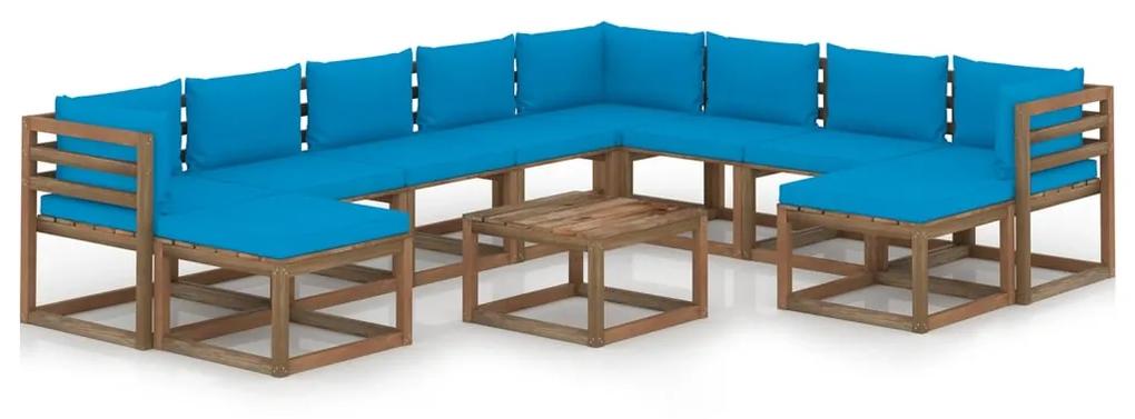 11 pcs conjunto lounge para jardim com almofadões azul-claro