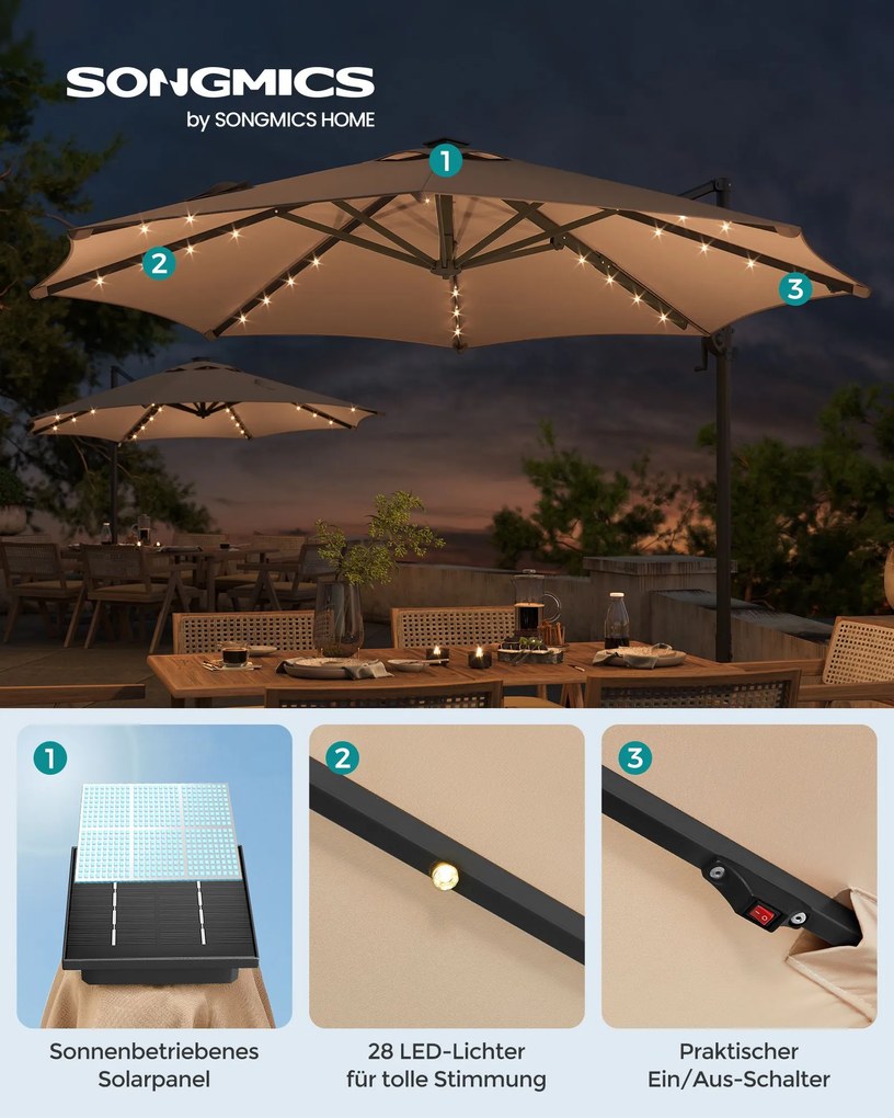 Guarda-sol jardim Ø 300 cm com luzes LED solares UPF 50+ rotativo 360º com base cruzada (SEM PESOS) Castanho Camelo