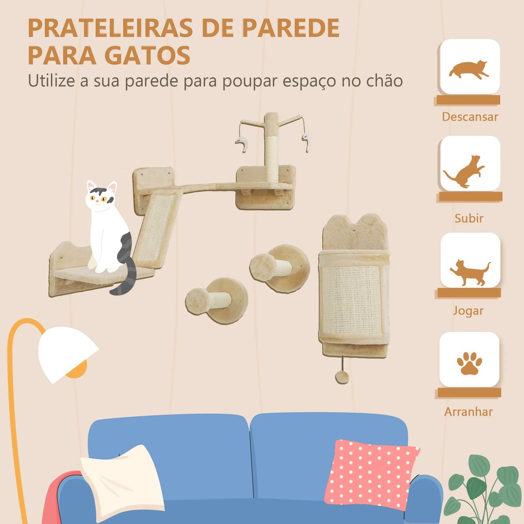 Arranhador de Parede para Gatos com Postes de Sisal Plataforma de Salto Bege