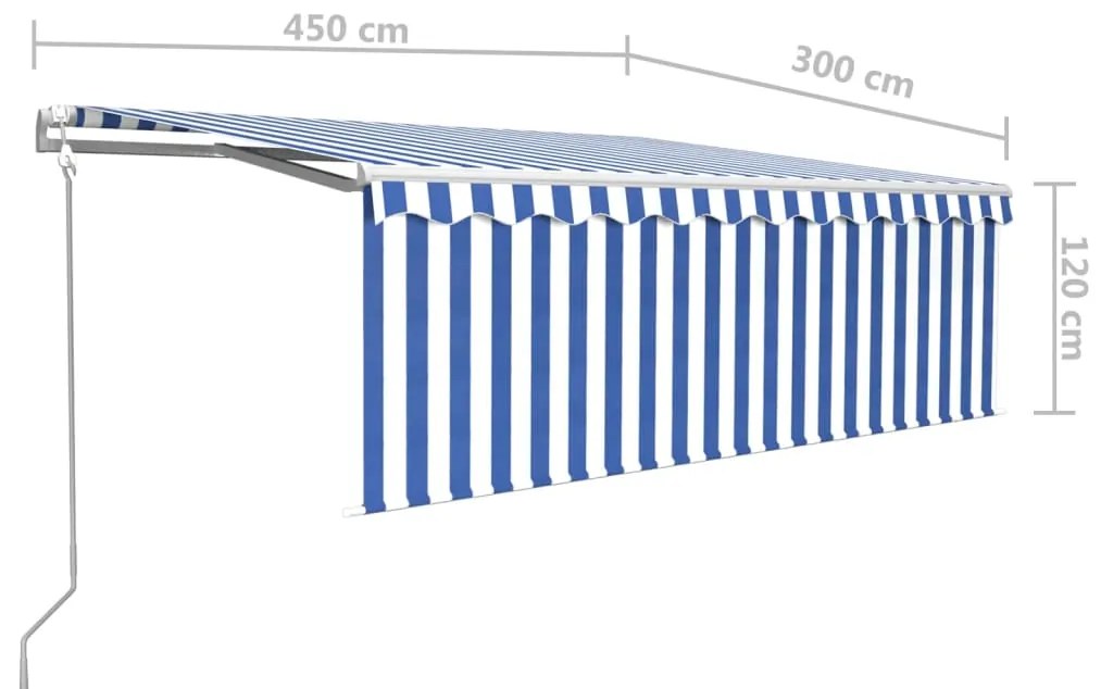 Toldo automático c/ estore/LED/sensor vento 4,5x3 m azul/branco
