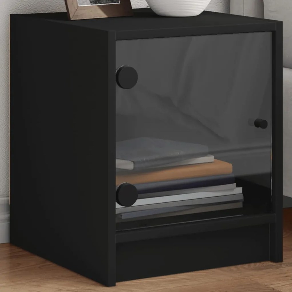 Mesas de cabeceira c/ portas de vidro 2 pcs 35x37x42 cm preto