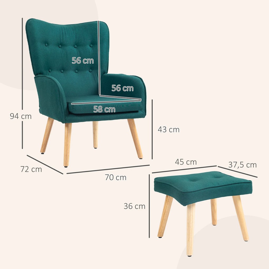 Poltrona com Apoio para Pés Poltrona de Leitura com Capitonê Pés de Madeira e Revestimento em Linho 70x72x94 cm Verde Escuro