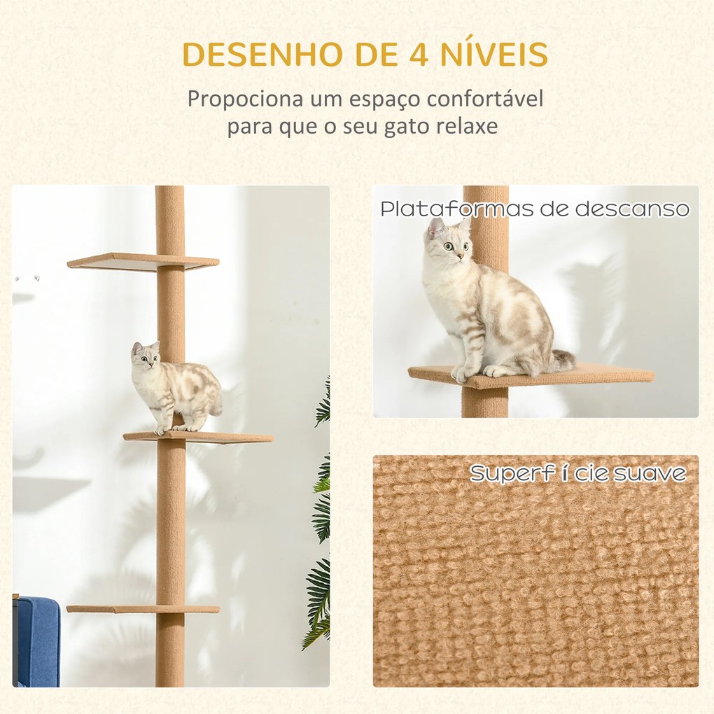 Arranhador para Gatos de Chão ao Teto com Altura Ajustável 4 Plataformas e Poste de Sisal 43x27x228-260 cm Castanho Claro