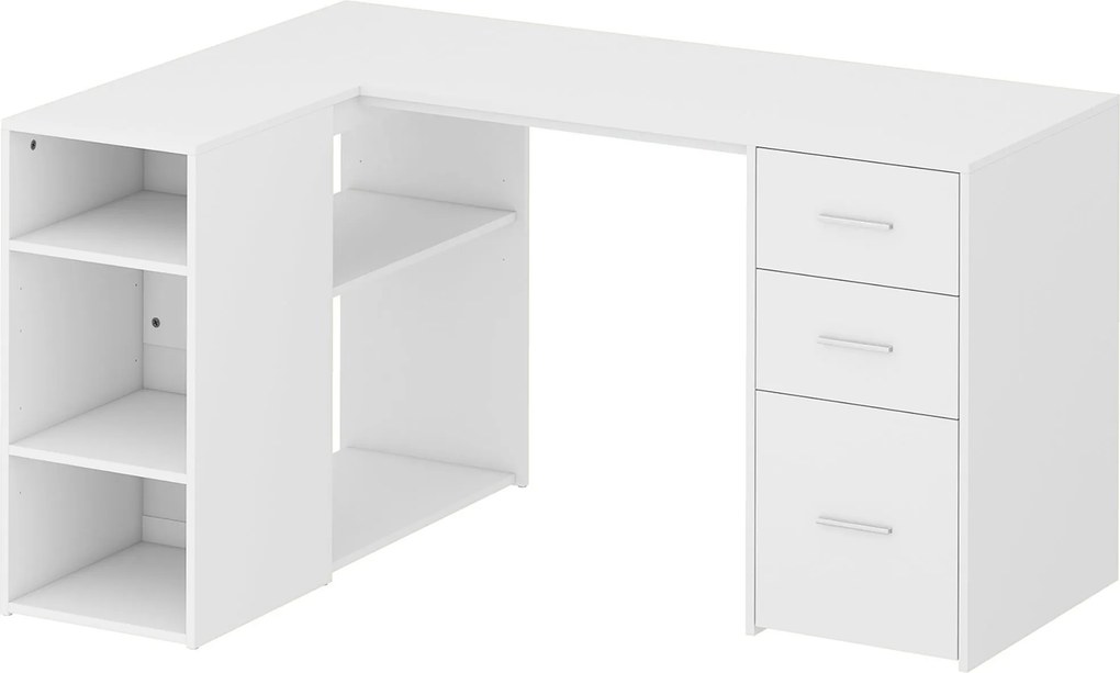 HOMCOM Escrivaninha de Canto, Mesa de Computador em L, 3 Gavetas, 5 Compartimentos Abertos, Prateleiras Reguláveis, 140x100x75cm, Branco | Aosom Portugal