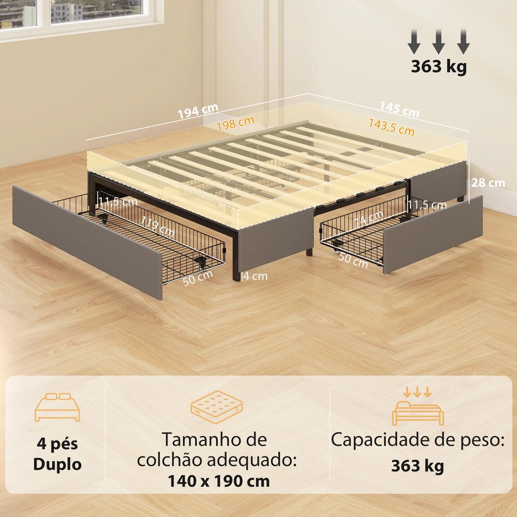 Cama de Casal 140x190 cm (COLCHÃO NÃO INCLUIDO) com Estrado com 3 Gavetas e Estrutura Metálica Suporta 363 kg Cinzento