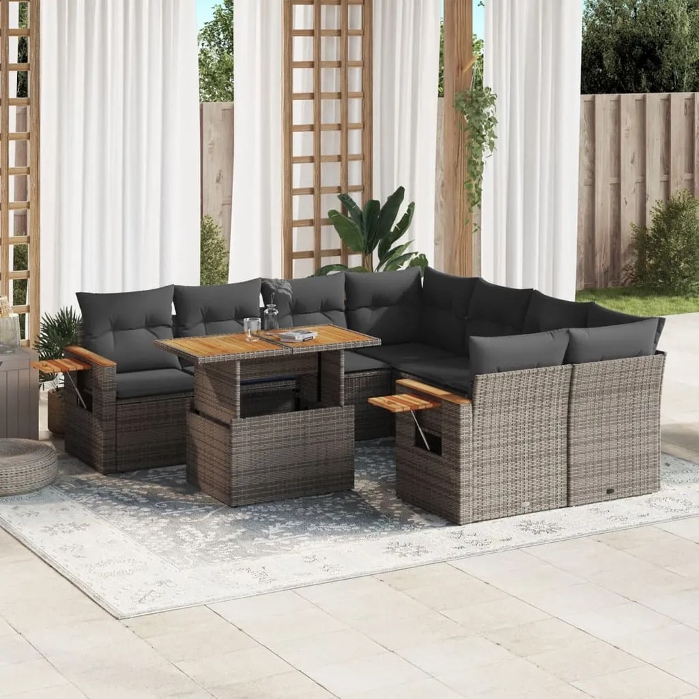9 pcs conjunto sofás p/ jardim com almofadões vime PE cinzento