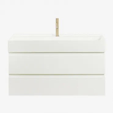 Conjunto De Móvel De Casa De Banho Suspenso Em Madeira E Folha De Freixo Com Lavatório Integrado Ona Branco & Sem Espelho - Sklum