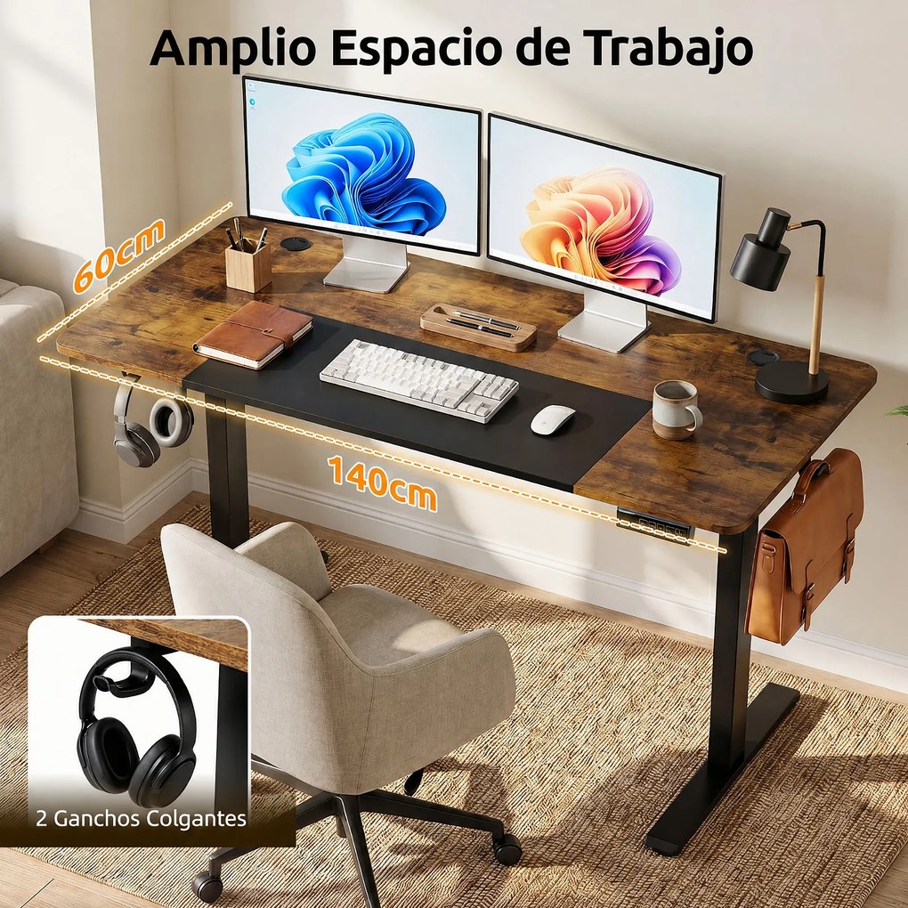 Secretária de Escritório Elétrica, 140 x 60 x 72-118 cm, Altura Regulável com 3 Memórias, Castanho + Preto