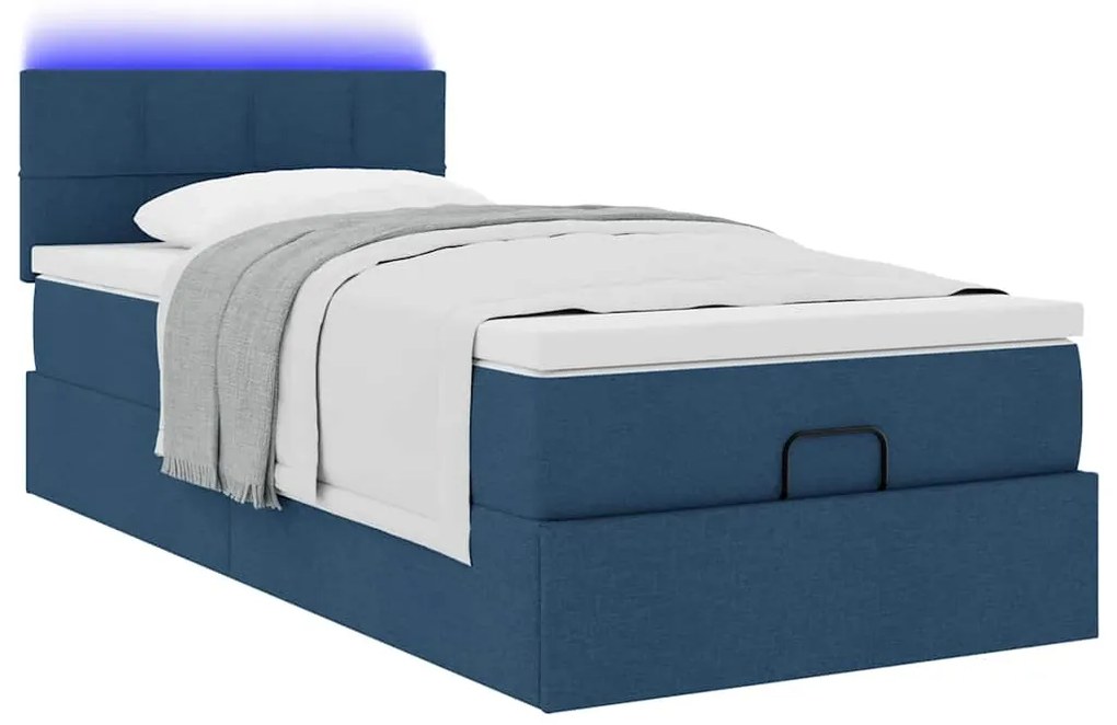 Cama Otomana com Colchão &amp; LEDs Tecido Azul 100x200 cm