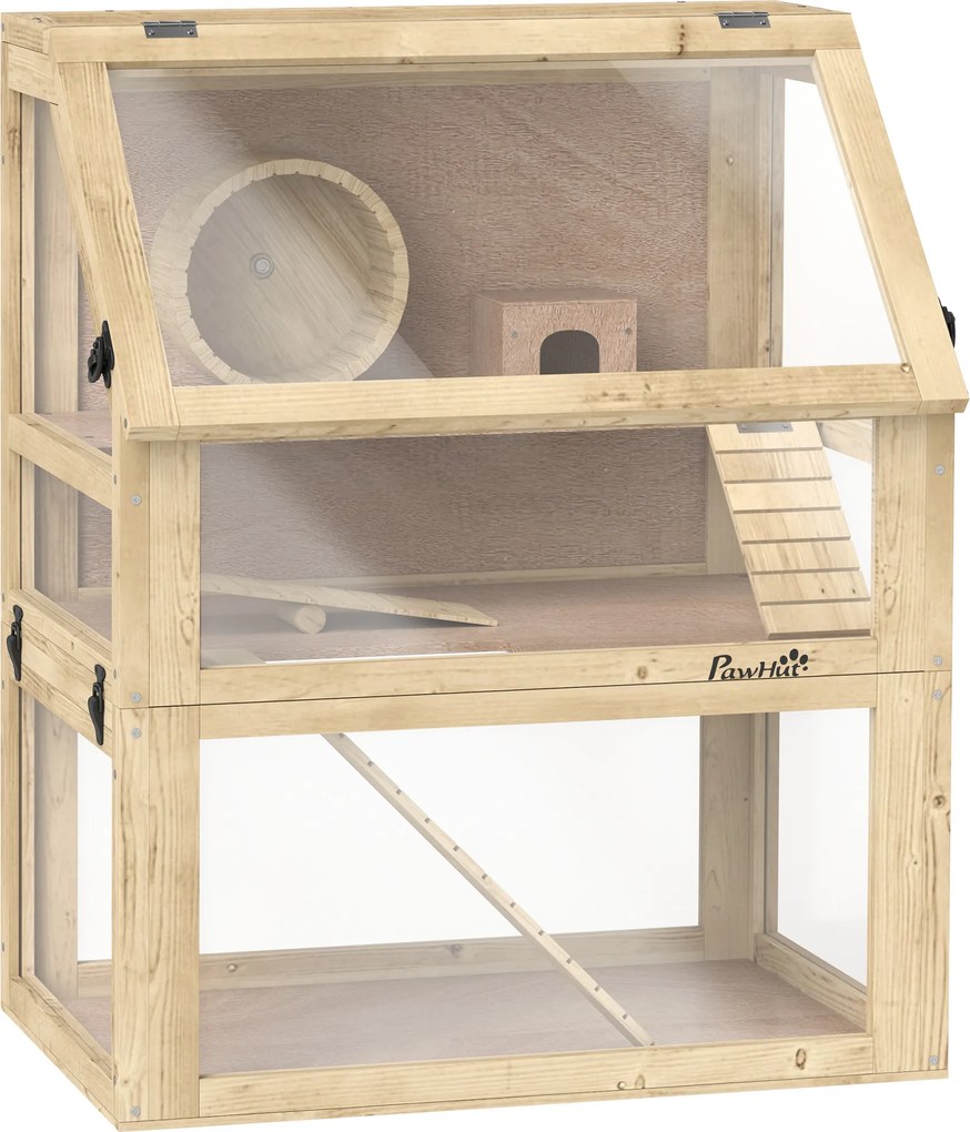 PawHut Gaiola para Hamster Roedor de 3 Níveis, Fundo Removível, Casinha, Balanço, 60x40x75cm, Acabamento Madeira Natural | Aosom Portugal