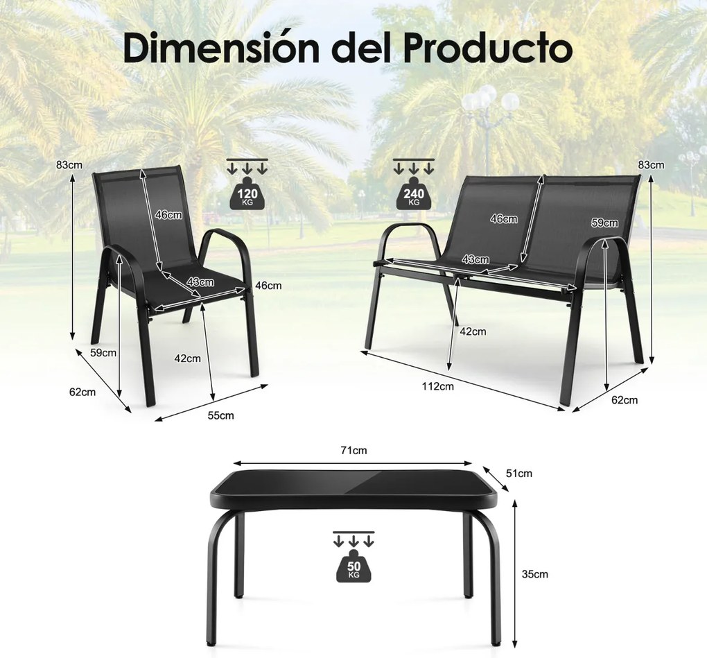 Conjunto de móveis de jardim de 4 peças com mesa de café de vidro temperado, banco e 2 cadeiras jardim Pátio Piscina