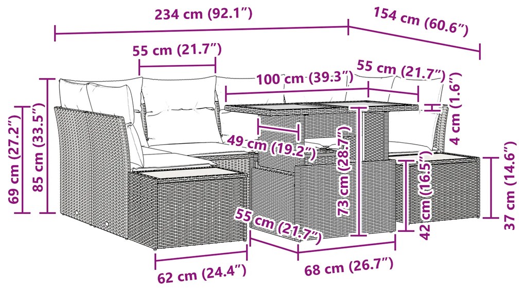 Conjunto de Jantar de Jardim de 7 Peças com Almofadas Bege Polirattan
