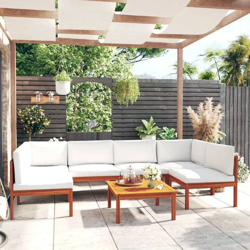 vidaXL 7 pcs conjunto lounge jardim c/ almofadões acácia maciça creme