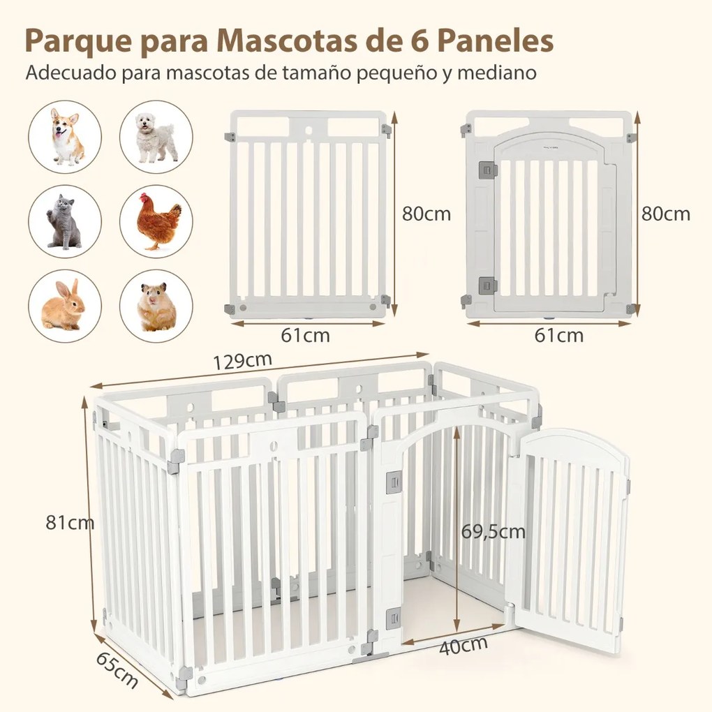 Parque para cães com 6 painéis de 81 cm com porta com fecho seguro e estacas para fixar no solo ideal para animais de estimação pequenos e médios bran