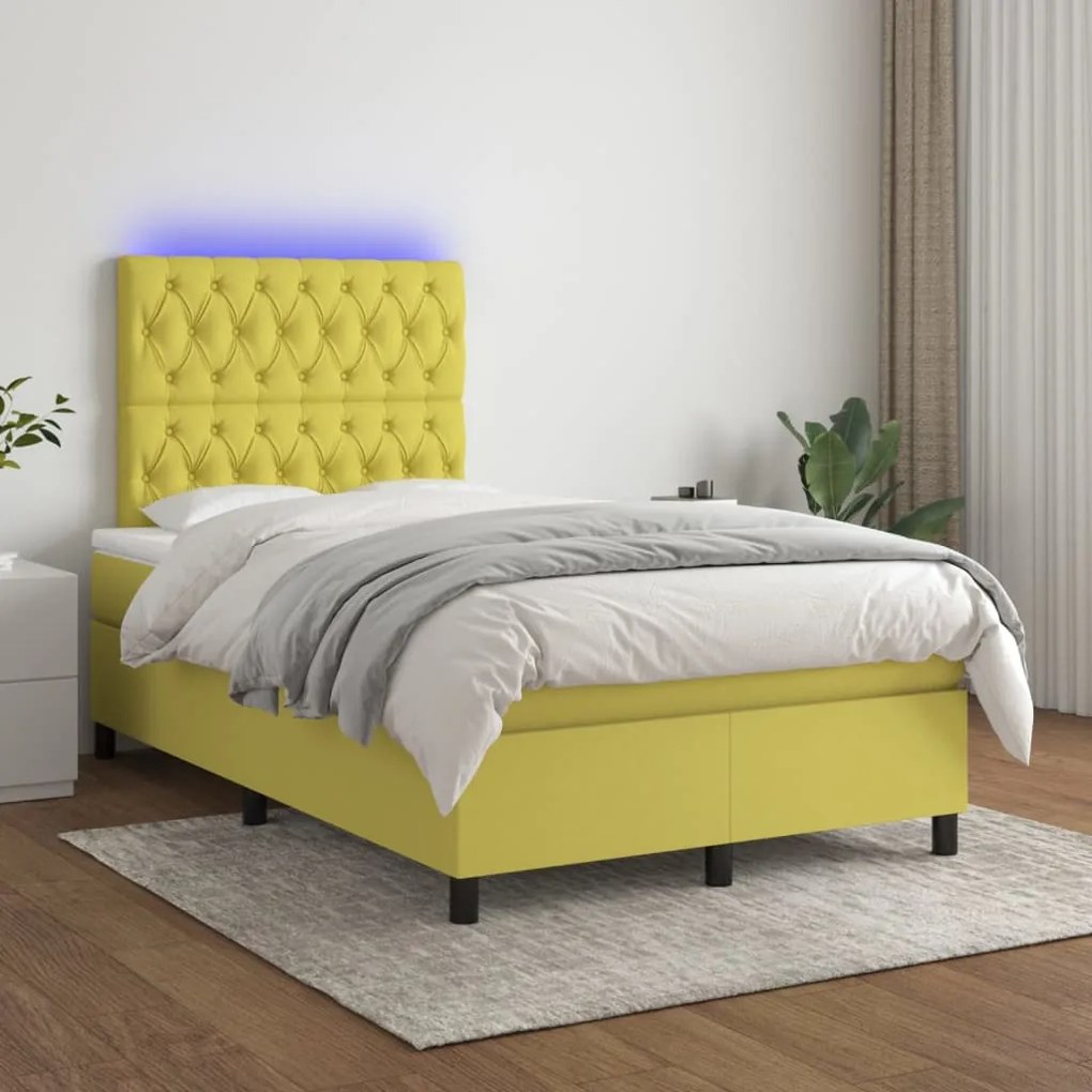 vidaXL Cama box spring c/ colchão e LED 120x200 cm tecido verde