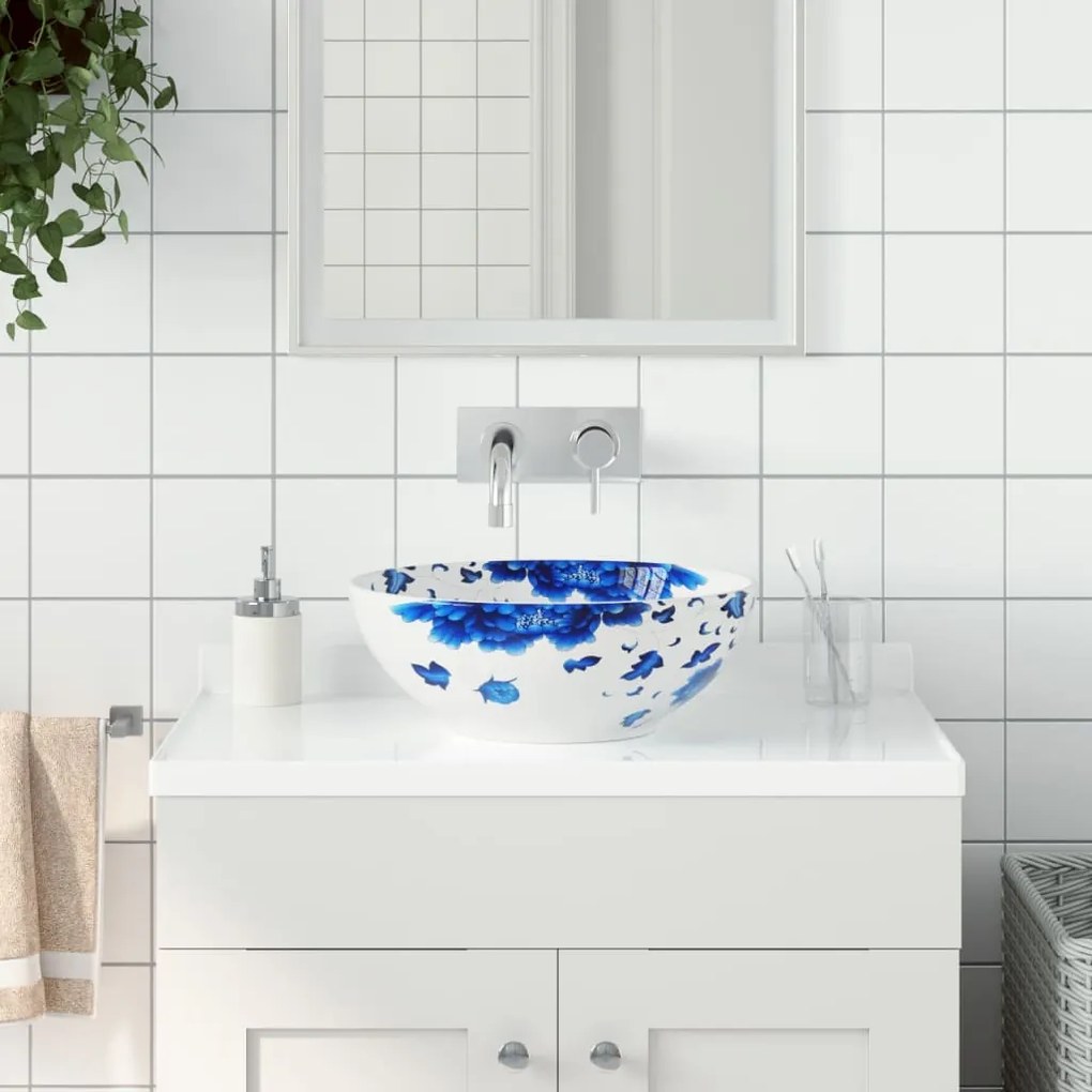 vidaXL Lavatório de bancada redondo Φ41x14 cm cerâmica branco e azul