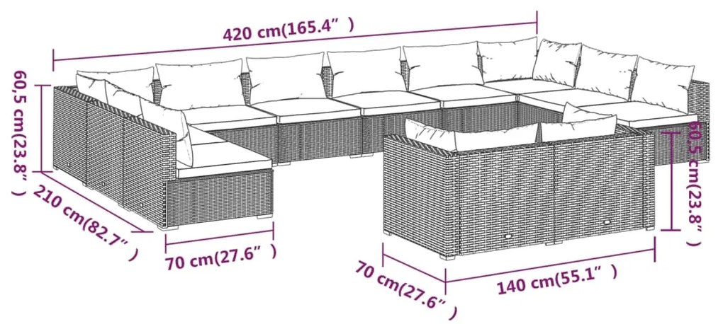 12 pcs conjunto lounge jardim c/ almofadões vime PE castanho