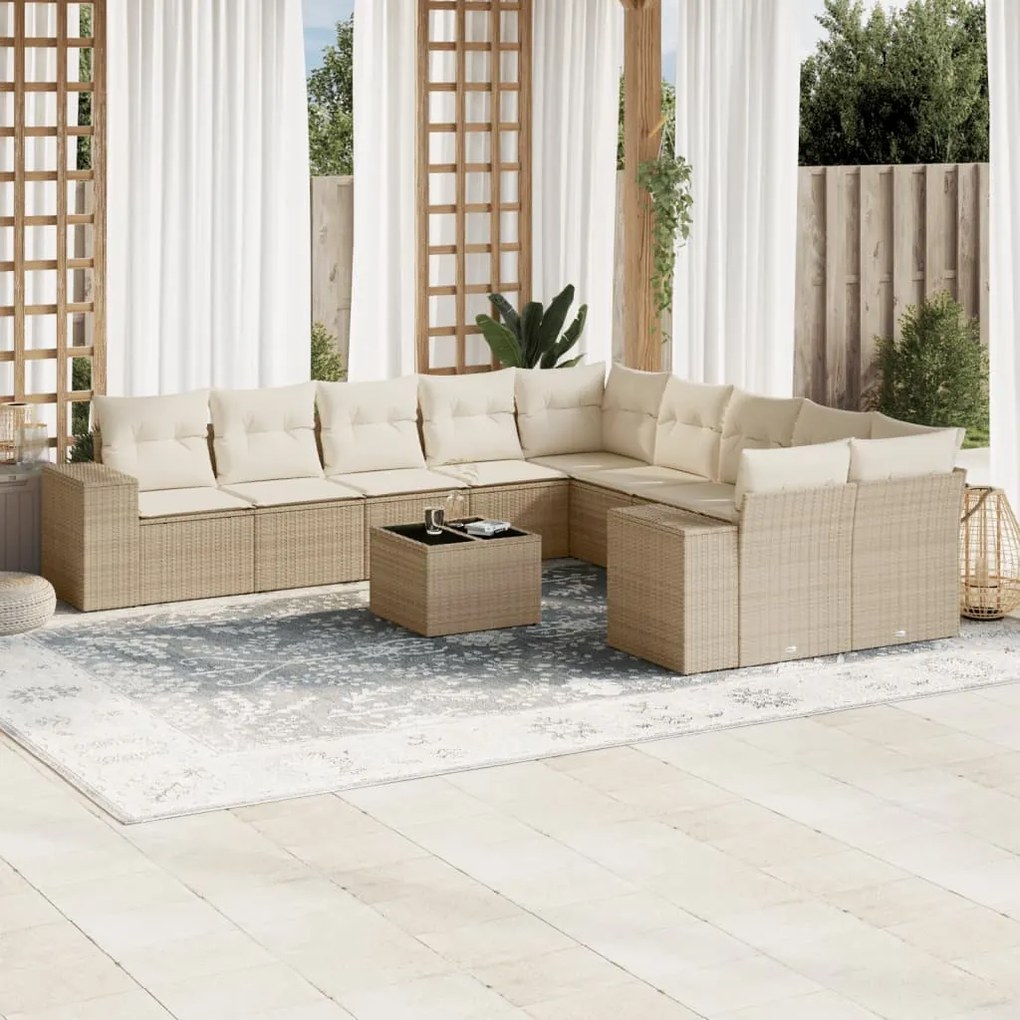 11 pcs conjunto sofás de jardim c/ almofadões vime PE bege