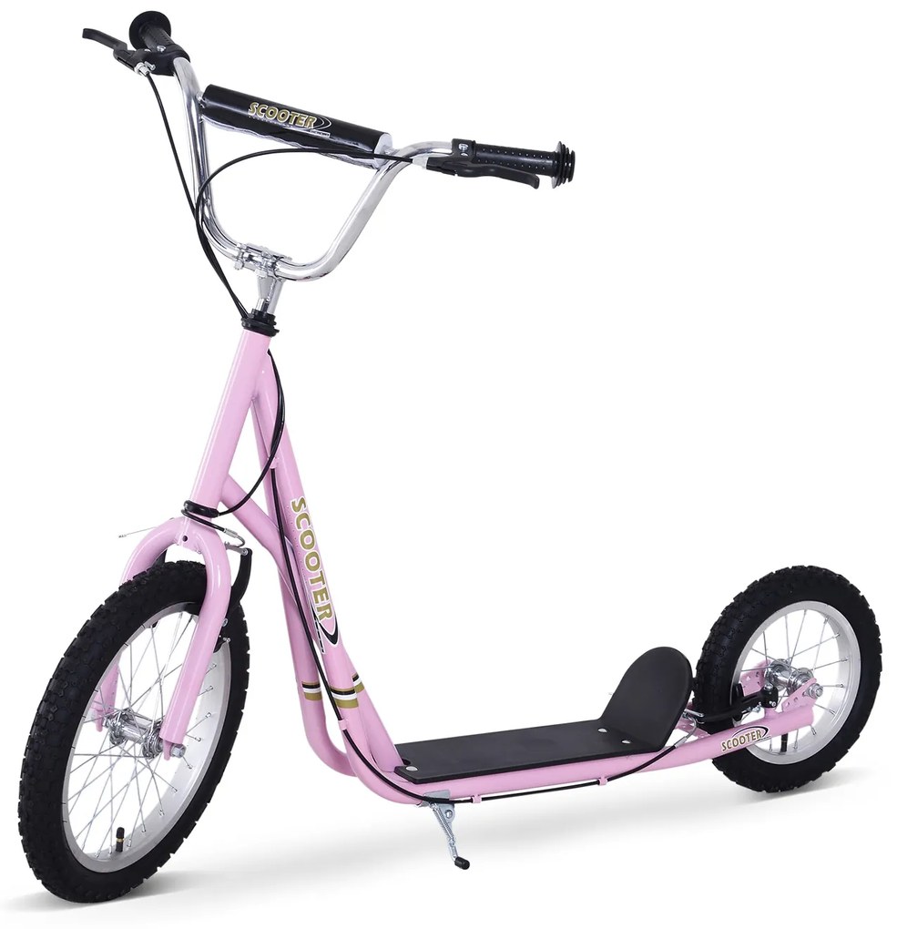 HOMCOM Trotinete para Crianças acima de 5 anos Scooter de 2 Rodas Grandes com Duplo Freio e Guidão Ajustável em Altura Adolecentes Adultos 125x58x92-100cm Rosa