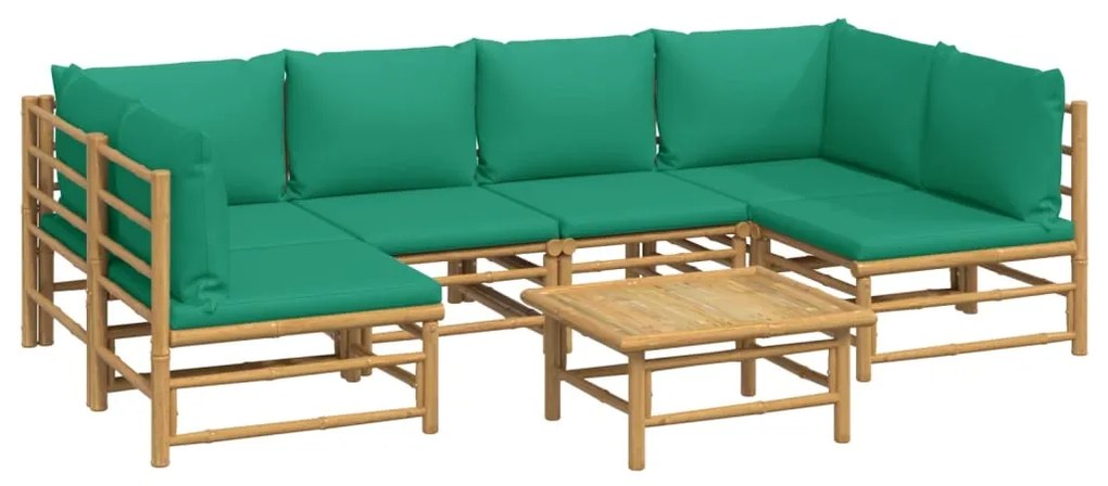 7 pcs conjunto lounge de jardim bambu c/ almofadões verdes