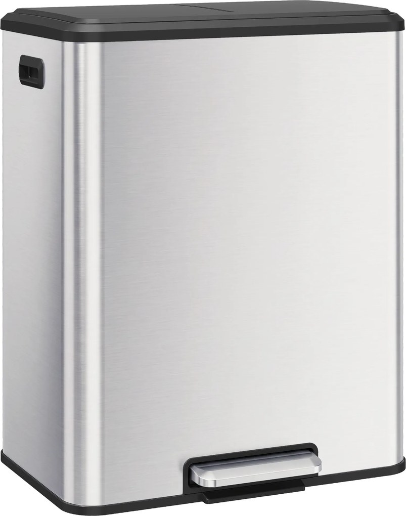 HOMCOM Lixeira Cozinha 2 x 30 L, Lixeira a Pedal em Aço Inox com Baldes Removíveis e Tampa com Fechamento Soft-Close, Prateado | Aosom Portugal