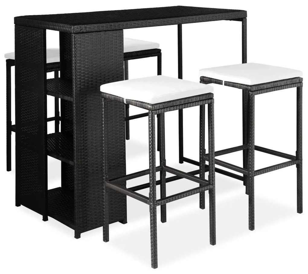 vidaXL 5 pcs conjunto de bar p/ jardim c/ almofadões vime PE preto