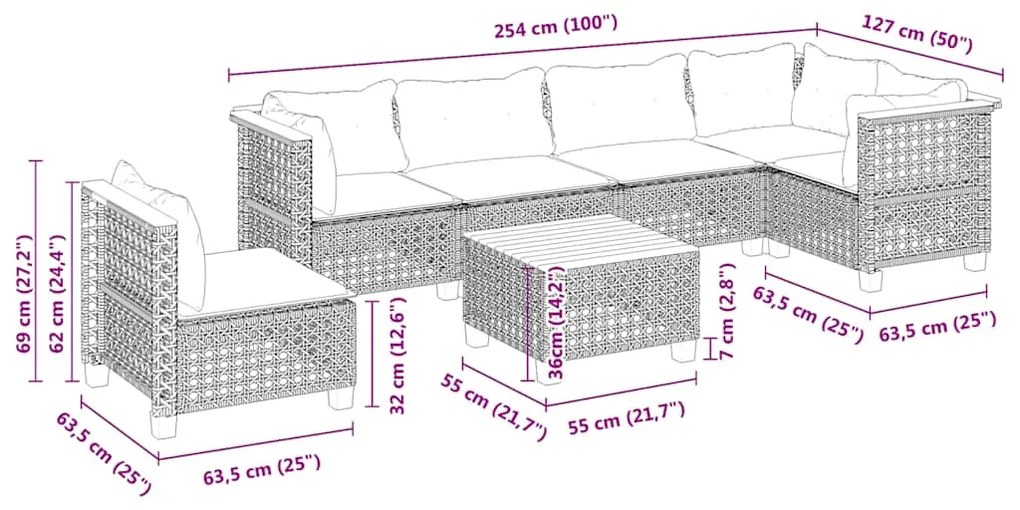 7 pcs conjunto de sofás p/ jardim com almofadões vime PE bege