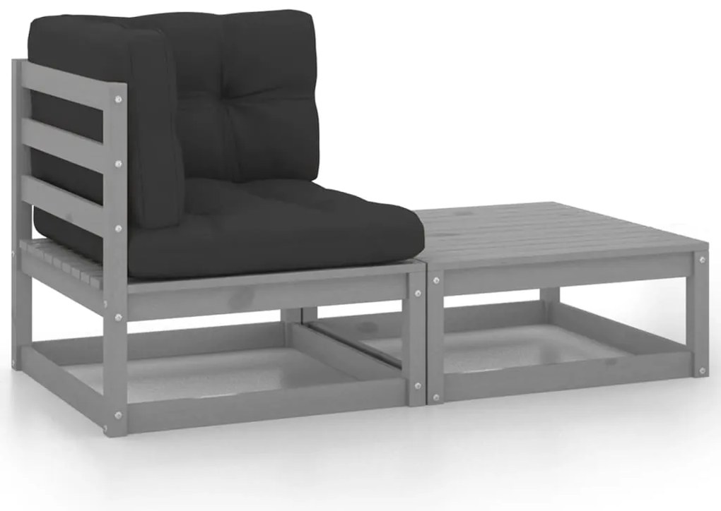 2 pcs conj. lounge de jardim c/ almofadões pinho maciço cinza