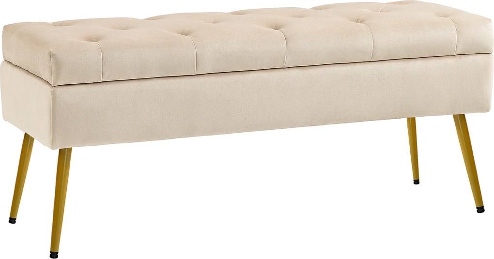 HOMCOM Banco com arrumação em visual aveludado, pufe estofado com design capitonê, estrutura metálica, 102 x 35 x 43 cm, Bege | Aosom Portugal