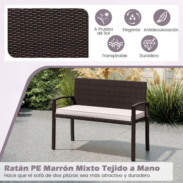 Banco jardim de vime para 2 pessoas 10 x 56 x 84 cm com almofada acolchoada, assento macio, encosto e apoios para os braços - castanho e brancoi
