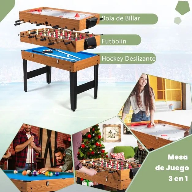 Mesa de jogo multifuncional Crianças 3 em 1 com matraquilhos, bilhar e Air hóquei castanho