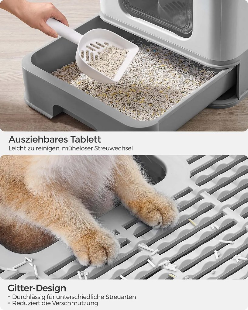 Caixa de areia gatos com tampa e pá 54,3 x 42,5 x 37,8 cm cinzento claro-Cinzento